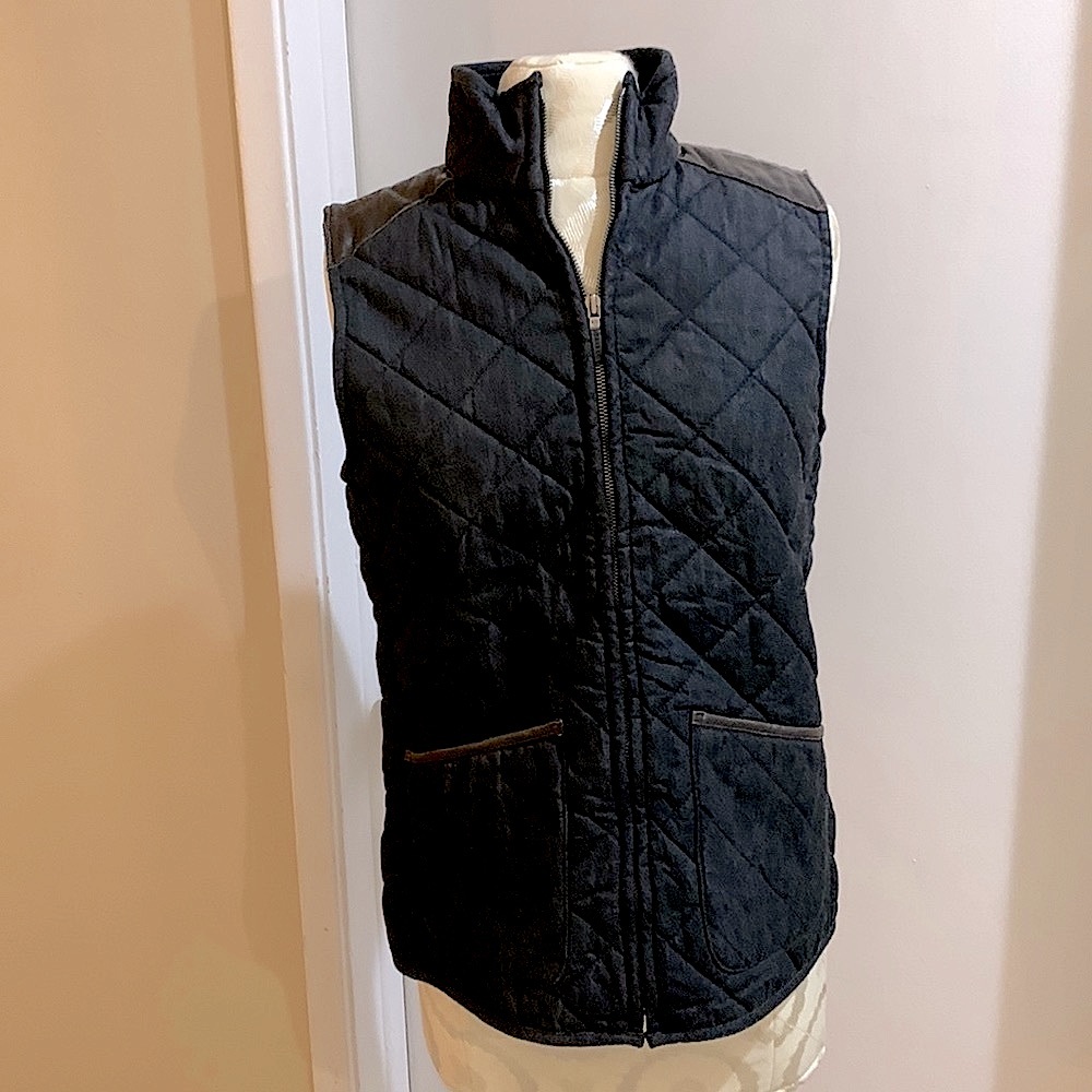 Lauren Jeans Leather Brown Trim Black Denim Quilted Fleece Lined Zip Vest S NWT